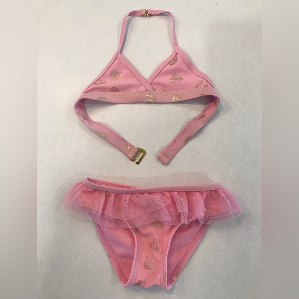 Jantzen pink and gold heart child’s bikini. Size 4 Previously loved.
